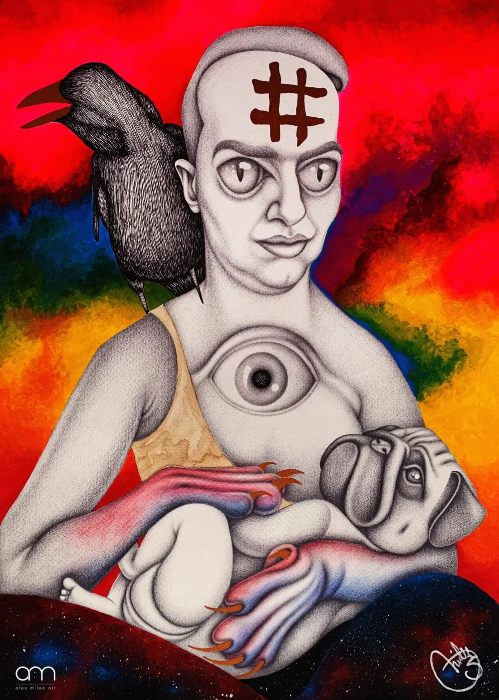 “The Future Is Now” - 36 x 50.4 cm; pencil + acrylic paint + pastels + ink + gold pigment on paper;